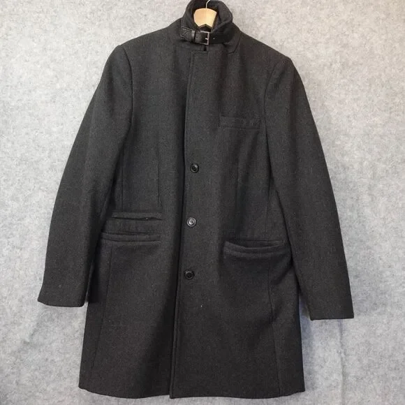 Wool Coat Mens Medium Black Detachable Liner Trim Quilt Buckle‎ OF ALL THREADS
